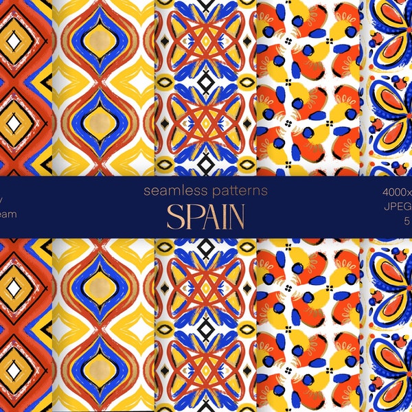 SPAIN Seamless Pattern Set, Texture Pack, Printable Wrapping Paper, Textile,Fabric, Surface Design, Patriotic Pattern, Ethnic