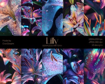 Christmas 2024 Trends, Floral Seamless Pattern, Scrapbooking Craft Supplies, Dark Print, Iridescent Lilly flowers Ready to print, Glitter