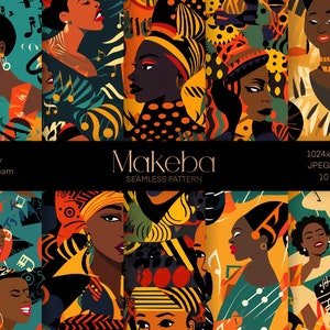 Peut inclure: Un ensemble de 10 motifs numériques sans couture présentant des motifs colorés d'inspiration africaine avec des femmes portant des turbans et des notes de musique. Les motifs sont intitulés "Makeba" et mesurent 1024x1024 pixels, 300 dpi.