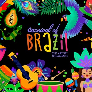 Brésil Carnaval Clip Art, Party Clip Art, RIO Carnival Theme Decor, Carnival Objects, Planner Stickers, Cards, Digital Stickers, PNG,