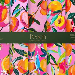 May include: A vibrant, seamless pattern design featuring colorful peaches, green leaves, and white blossoms on a pink background. The word "Peach" is displayed in a stylized font. The design is labeled as a seamless pattern with 10 designs.