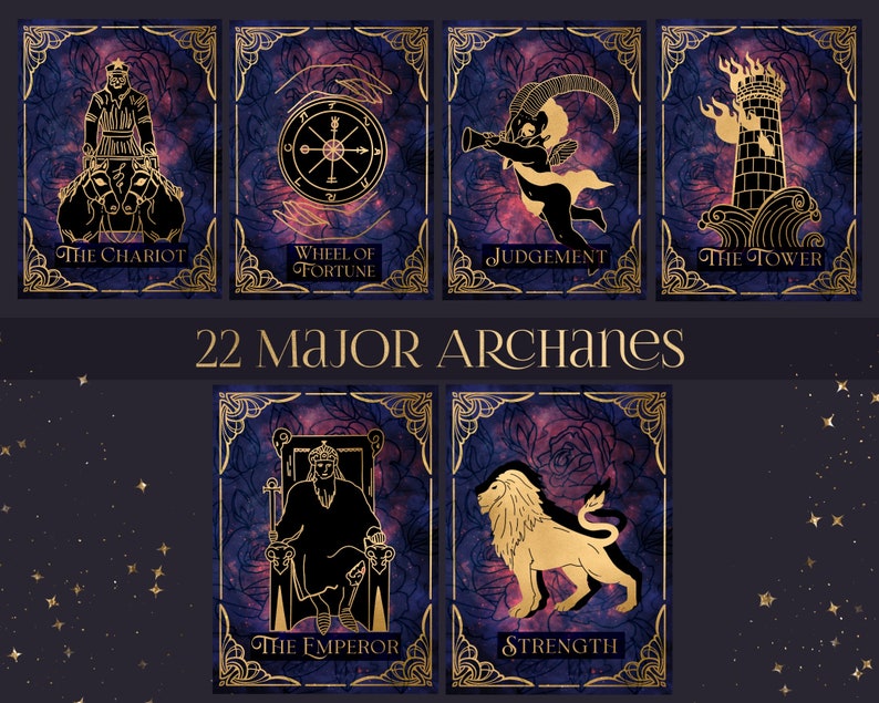 Peut inclure: Un jeu de 22 cartes de tarot avec des accents dor&eacute;s et un fond violet et noir. Les cartes pr&eacute;sentent des illustrations des arcanes majeurs, notamment Le Chariot, La Roue de la Fortune, Le Jugement, La Tour, L'Empereur et La Force.