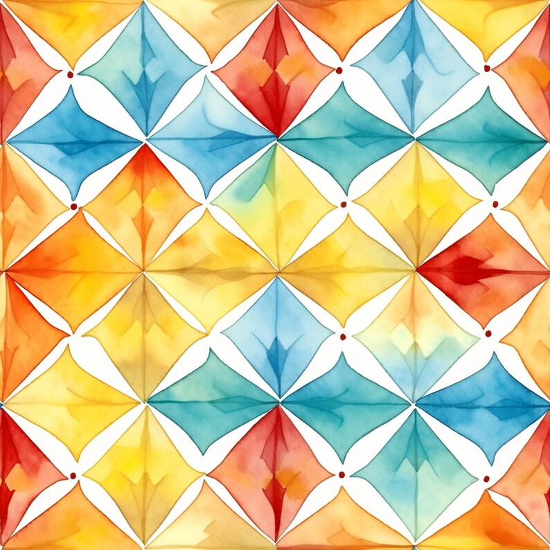 May include: A seamless pattern of repeating geometric shapes in shades of yellow, orange, red, and blue. The shapes are arranged in a diamond pattern, creating a visually appealing and symmetrical design.