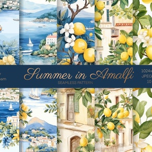 Verano en Amalfi, Conjunto de patrones sin costuras, Papel de regalo imprimible, Patrón de limón, Patrón de diseño de superficie, Arte vectorial, Diseño de descarga instantánea