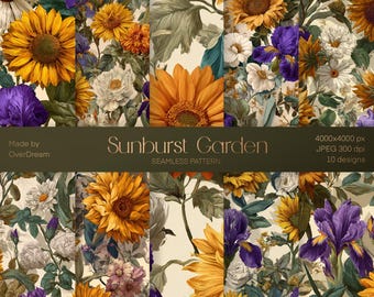 Bold Summer Floral Pattern – Seamless Sunflowers, Irises & Daisies, Digital Paper, Fabric Print, Wrapping Paper, Instant Download, Iris art