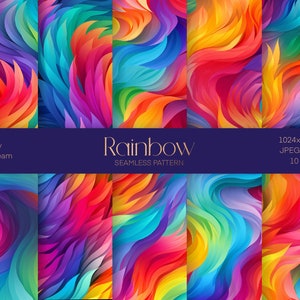 Puede incluir: Una colección de diez diseños de patrones de arcoíris sin costuras. Cada diseño presenta formas abstractas y fluidas en un espectro de colores, incluyendo rojo, naranja, amarillo, verde, azul y morado. El texto "Rainbow Seamless Pattern" está incluido.