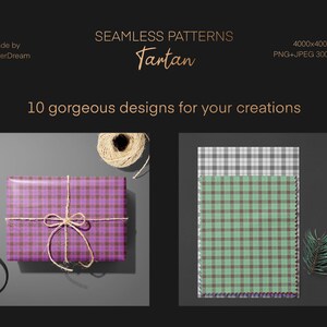 May include: A set of 10 seamless tartan patterns in various colors, including purple, green, and gray. The patterns are shown on a gift box and a piece of paper. The text "SEAMLESS PATTERNS Tartan" is at the top of the image. The text "10 gorgeous designs for your creations" is below the patterns.