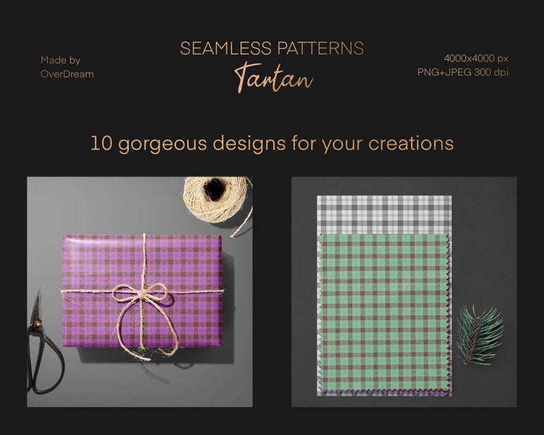 May include: A set of 10 seamless tartan patterns in various colors, including purple, green, and gray. The patterns are shown on a gift box and a piece of paper. The text "SEAMLESS PATTERNS Tartan" is at the top of the image. The text "10 gorgeous designs for your creations" is below the patterns.