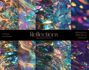 DIGITAL PAPER Bundle, Reflections Seamless Texture Pack, Scrapbooking Craft Supplies, Iridescent water Wallpaper, Underwater texture