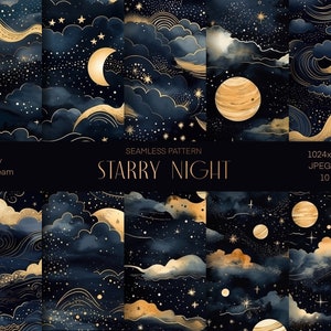 Modello senza cuciture cielo stellato, carta da regalo stampabile, tessuto per decorazioni spaziali, modello Sky Design, estetica delle stelle, download istantaneo