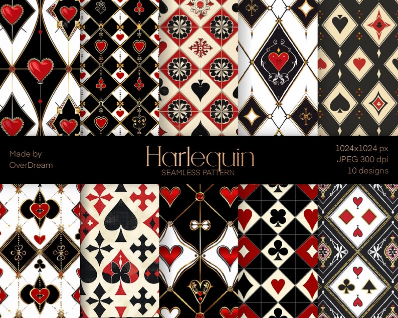 Harlequin Digital Paper, Printable File, Playing Card Suits Seamless ...
