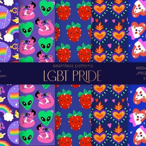 Può includere: Cinque motivi senza cuciture con temi di orgoglio LGBTQ+. I motivi includono arcobaleni, stelle, cuori, alieni, fragole e unicorni. Il testo "LGBT PRIDE" è visualizzato al centro dell'immagine.