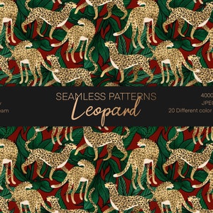Può includere: Motivo senza cuciture con leopardi dorati su sfondo rosso con foglie verdi. Il testo "SEAMLESS PATTERNS Leopard" è nella parte inferiore dell'immagine.