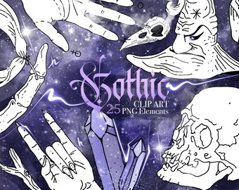 Gothic Clipart, Wizard Hands, Dark Magic, Astrology Clip Art, Digital Planner, Printable Sticker, Witchy Art, Wicca Elements for Posters