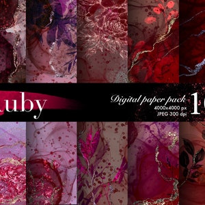 Peut inclure: Un pack de papier numérique avec 10 motifs abstraits dans des tons de rouge, rose et violet avec des accents dorés et argentés. Les motifs présentent des volutes, des points et des éléments floraux. Le texte "Ruby Digital Paper Pack 10 4000x4000 px JPEG 300 dpi" est affiché sur l'image.