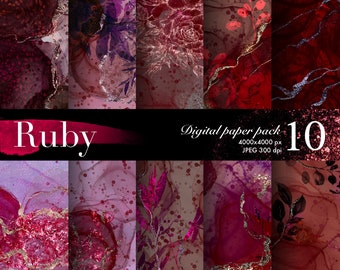 May include: A digital paper pack with 10 abstract designs in shades of red, pink, and purple with gold and silver accents. The designs feature swirls, dots, and floral elements. The text "Ruby Digital Paper Pack 10 4000x4000 px JPEG 300 dpi" is displayed on the image.