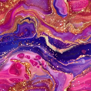 Puede incluir: Pintura abstracta con colores rosados, morados y dorados en espiral. La pintura dorada tiene un efecto brillante.