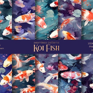 Peut inclure: Dix motifs numériques sans couture représentant des poissons rouges colorés nageant dans un étang avec des nénuphars et des bulles. Les motifs sont dans des tons de bleu, violet et vert.