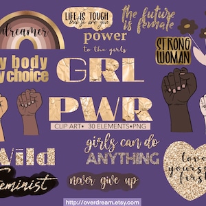 Feminist Clipart, Girl Power, Strong Women Clip Art, Girls Club Digital Stickers, Gold Decor, Boss Babe Graphics, Activism Illustration