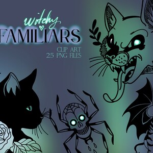 Könnte beinhalten: Ein Set mit 25 digitalen Clipart-Bildern mit Hexen-Familiaren. Die Bilder sind in Schwarzweiß gehalten und zeigen eine Vielzahl von Tieren, darunter Katzen, Spinnen und Fledermäuse. Der Text "Witchy Familiars" ist in einer verspielten Schriftart mit einem Herzsymbol geschrieben.