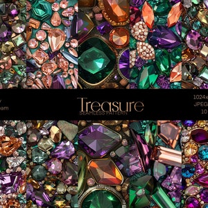 May include: A digital collage of ten seamless patterns featuring various colorful gemstones, including emerald green, ruby red, sapphire blue, and amethyst purple. The patterns are arranged in a grid format and labeled "Treasure Seamless Pattern".