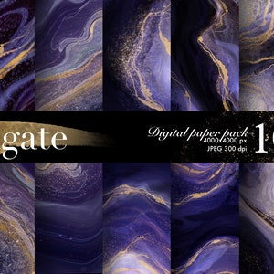 May include: A digital paper pack of 10 abstract agate designs in purple and gold. The designs are 4000x4000 pixels and 300 dpi.