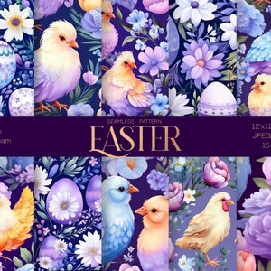 May include: A set of 15 digital seamless patterns featuring watercolor illustrations of Easter eggs, chicks, and flowers in shades of purple, blue, and yellow. The patterns are 12x12 inches and 300 dpi. Made by OverDream.