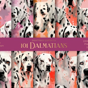 Sömlös akvarell dalmatiner digitalt papper, sömlöst mönster, rosa flickigt collagepapperspaket, djurpysseltryck, söt kakelbar hundkonst