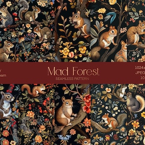 Mad Forest Digitales Papier, druckbare Datei, Eichhörnchen nahtloses Muster, Waldpapier, Druck, Geschenkpapier, Sofort-Download-Datei