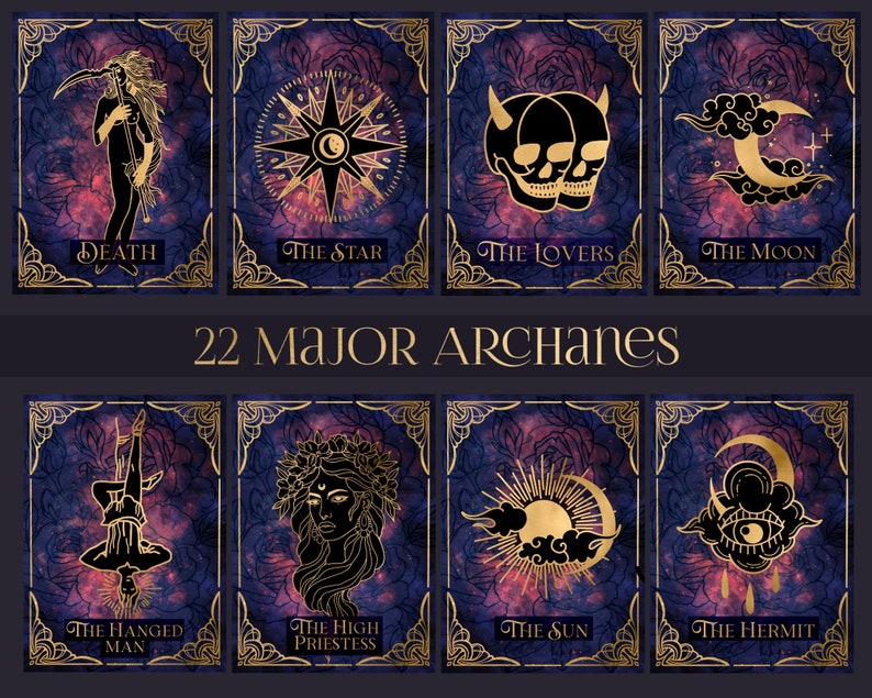 Peut inclure: Un jeu de 22 cartes de tarot avec des bordures dor&eacute;es et un fond violet et noir. Les cartes pr&eacute;sentent des illustrations des arcanes majeurs, notamment la Mort, l'&Eacute;toile, les Amoureux, la Lune, le Pendu, la Grande Pr&ecirc;tresse, le Soleil et l'Ermite.