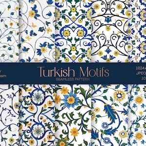 Pode incluir: Apresentação de dez padrões contínuos com motivos turcos. Os desenhos apresentam padrões florais e de videira em azul, amarelo e verde sobre um fundo branco. A imagem inclui o texto "Turkish Motifs" e detalhes sobre a resolução da imagem.