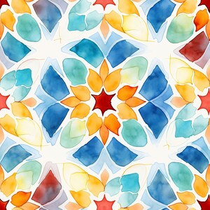 May include: A watercolor painting of a colorful geometric pattern with blue, orange, red, and green hues. The pattern is made up of overlapping shapes that create a sense of depth and movement.