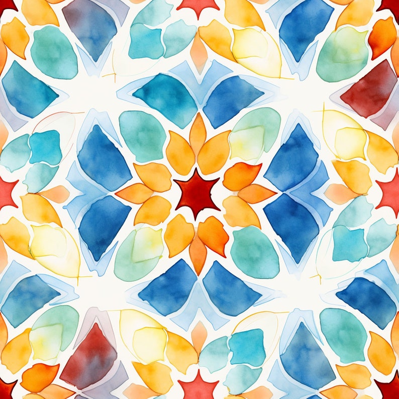 May include: A watercolor painting of a colorful geometric pattern with blue, orange, red, and green hues. The pattern is made up of overlapping shapes that create a sense of depth and movement.