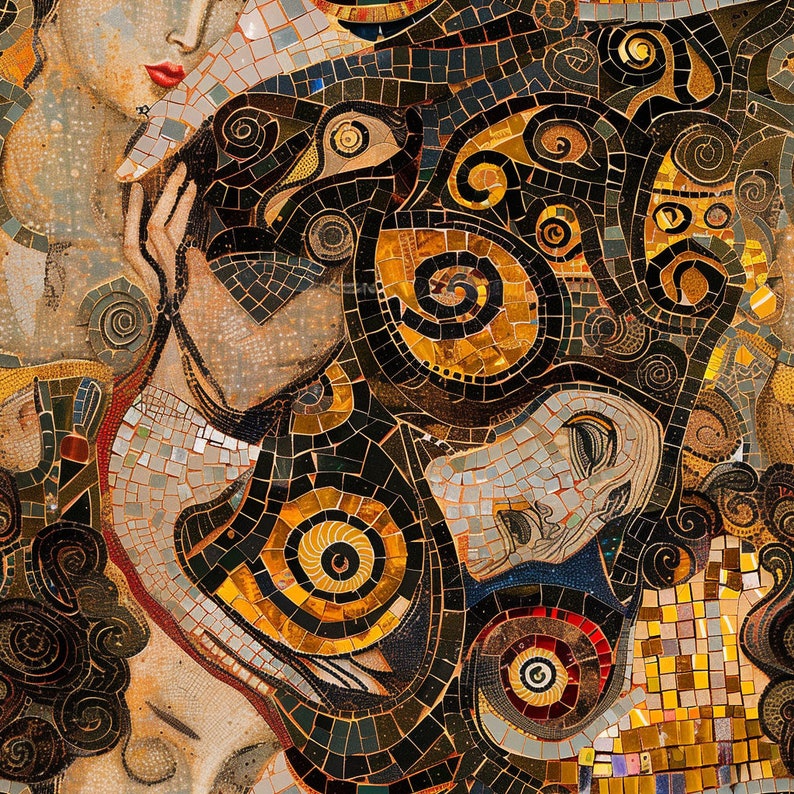 May include: A mosaic artwork featuring two faces, one with a red lip, and the other with a blue eye. The artwork is made of small, colorful tiles arranged in a swirling pattern.