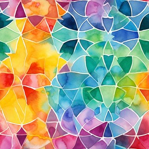 May include: Abstract watercolor painting with a stained glass design. The painting features a variety of colors, including yellow, orange, red, blue, green, and purple.