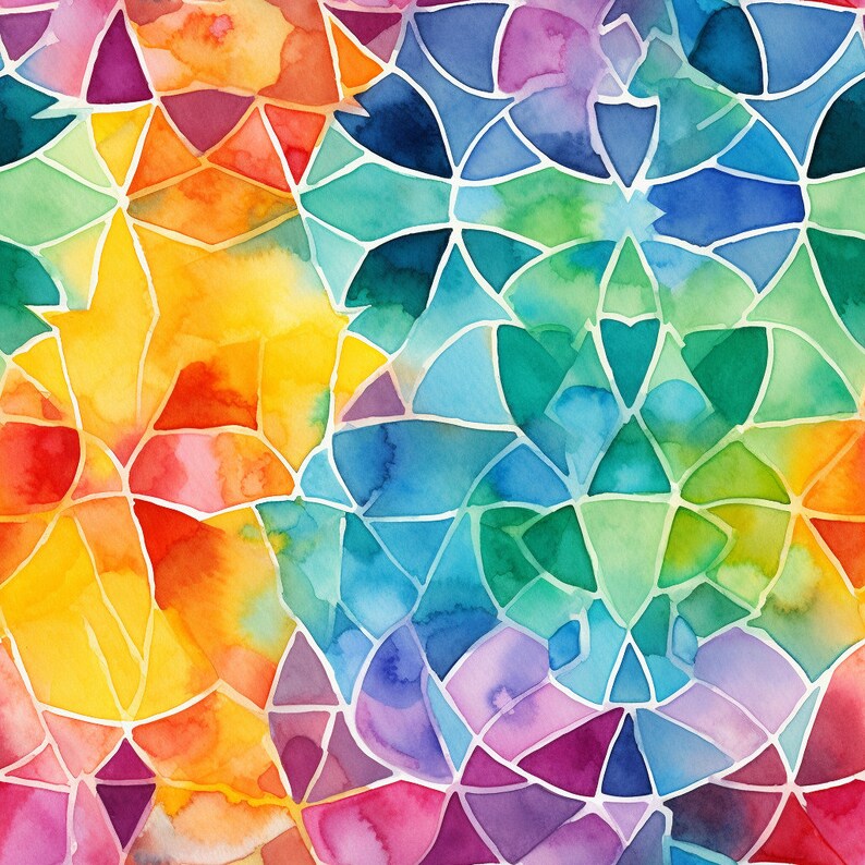 May include: Abstract watercolor painting with a stained glass design. The painting features a variety of colors, including yellow, orange, red, blue, green, and purple.