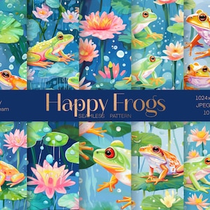 Puede incluir: Diez patrones sin costuras con ranas coloridas en nenúfares en un estanque con gotas de agua y nenúfares. Los patrones son perfectos para el scrapbooking digital, la tela y el papel tapiz.