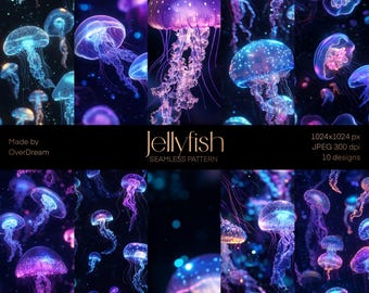Summer 2025 Trends, Jellyfish Seamless Pattern, Scrapbooking Craft Supplies, Summer Print, Bioluminescent Jellyfish, Dark magic poster