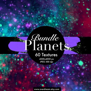 Op de afbeelding: Een digitale kunstbundel met 60 planeettexturen. De texturen zijn een mix van levendige kleuren, waaronder rood, blauw, groen en paars, met een gespikkeld effect. De texturen zijn 4000x4000 pixels en 300 dpi.