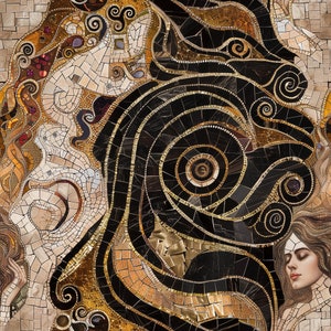 May include: Abstract mosaic artwork featuring a black and gold swirling pattern with a woman's face in the corner. The mosaic is made of small, colorful tiles.
