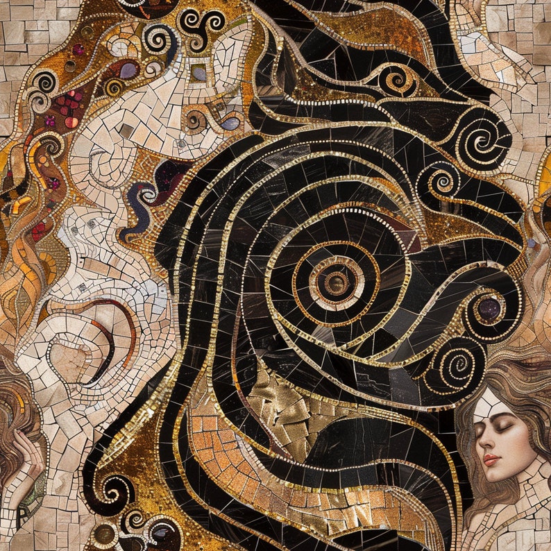 May include: Abstract mosaic artwork featuring a black and gold swirling pattern with a woman's face in the corner. The mosaic is made of small, colorful tiles.