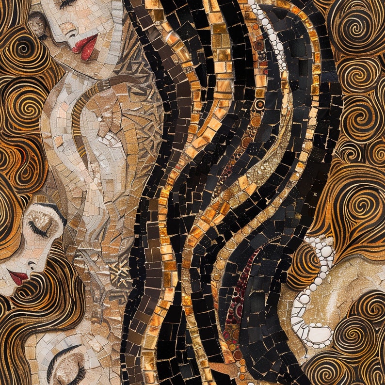May include: Abstract mosaic artwork featuring two women's faces with closed eyes, one with red lips. The background is a swirling pattern of gold and black tiles.