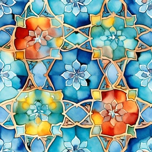 May include: A seamless pattern with a geometric design featuring blue, orange, yellow, and white flowers. The pattern is reminiscent of stained glass.