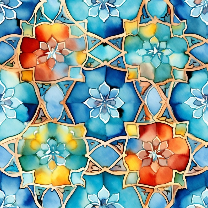 May include: A seamless pattern with a geometric design featuring blue, orange, yellow, and white flowers. The pattern is reminiscent of stained glass.