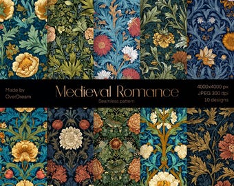 Medieval Romance Digital Paper, Mediaeval art Seamless Pattern, William Morris  Paper Pack, Retro Crafts Print, Wallpaper design, 2026 Trend
