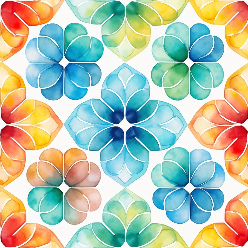 May include: A seamless pattern of watercolor flowers in shades of blue, green, and orange. The flowers are stylized and have a geometric shape.