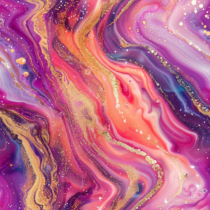 Puede incluir: Impresi&oacute;n de arte abstracto con colores rosados, morados y naranjas en espiral con acentos de purpurina dorada.