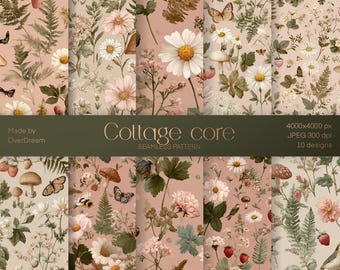 Vintage Cottagecore Pattern with Flowers, Ferns & Strawberries – Seamless Digital Paper, Fabric Print, Wallpaper, Instant Download