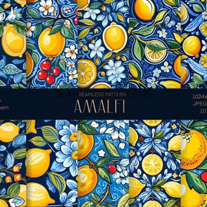 Amalfi Seamless Pattern Set, Papier d’emballage imprimable, Motif citron, Modèle de conception de surface, Art vectoriel, Conception de téléchargement instantané