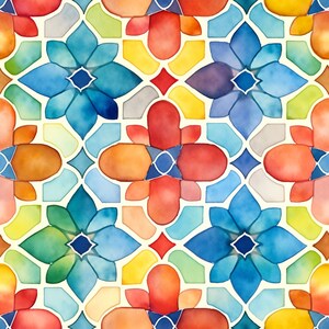 May include: A seamless pattern of colorful geometric shapes and flowers. The design features a repeating pattern of red, orange, yellow, green, blue, and purple flowers with white outlines. The background is a light cream color.